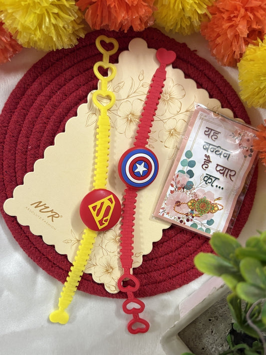 NVR Set of 2 Superhero Kids Rakhi with Roli Chawal Chandan Mishri
