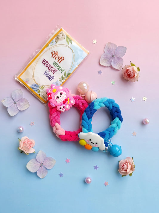 NVR Set of 2 Blue & Pink Kids Rakhi with Roli Chawal Chandan Mishri