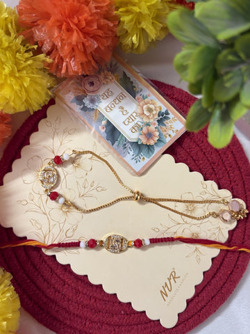NVR Set of 2 Artificial Stones & Beads Swastik Bhaiya Bhabhi Rakhi With Roli Chawal
