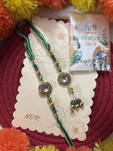 NVR Set of 2 AD Drawstring Bhaiya Bhabhi Rakhi With Roli Chawal Chandan Mishri