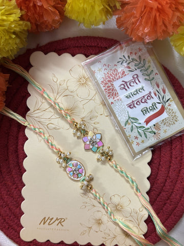 NVR Set of 2 Meenakari Floral Thread Rakhi with Roli Chawal Chandan Mishri