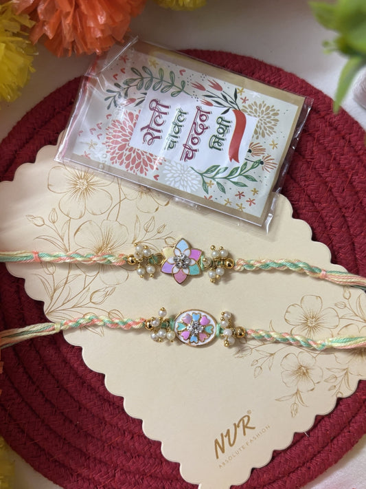 NVR Set of 2 Meenakari Floral Thread Rakhi with Roli Chawal Chandan Mishri