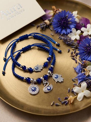 NVR Set of 2 Blue & Silver Evil Eye Design Bhaiya Bhabhi Rakhi with Roli Chawal Chandan