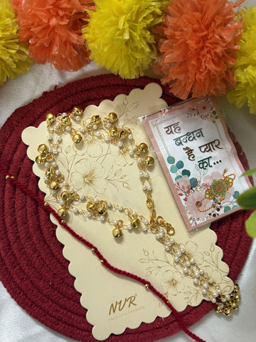 NVR Set of 2 Pearls Gold Toned Bhaiya Bhabhi Rakhi With Roli Chawal Chandan Mishri