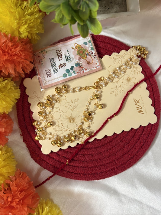 NVR Set of 2 Pearls Gold Toned Bhaiya Bhabhi Rakhi With Roli Chawal Chandan Mishri