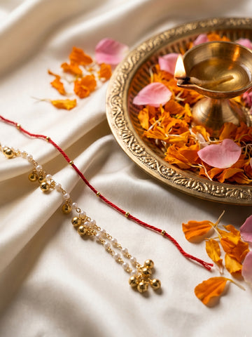 NVR Set of 2 Pearls Gold Toned Bhaiya Bhabhi Rakhi With Roli Chawal Chandan Mishri