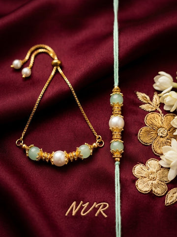 NVR Set of 2 Gold Toned Pearls & Artificial Beads Bhaiya Bhabhi Rakhi with Roli Chawal