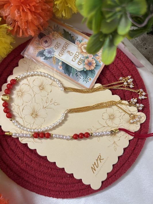 NVR Set of 2 White Pearls & Red Artificial Beads Bhaiya Bhabhi Rakhi with Roli Chawal