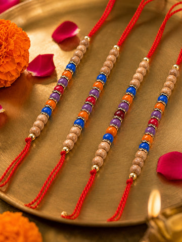NVR Set of 4 Multicolor Circular Beads Studded Thread Rakhi with Roli Chawal Chandan