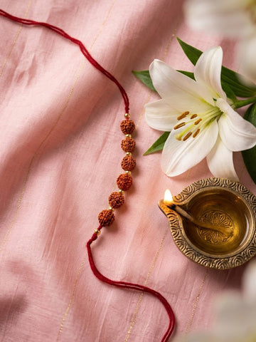 NVR Religious Rudraksh Thread Rakhi With Roli Chawal Chandan Mishri