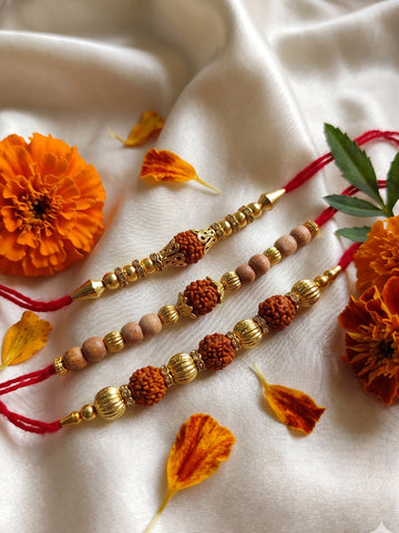 NVR Set of 3 Religious Rudraksh Red Thread Rakhi With Roli Chawal Chandan Mishri