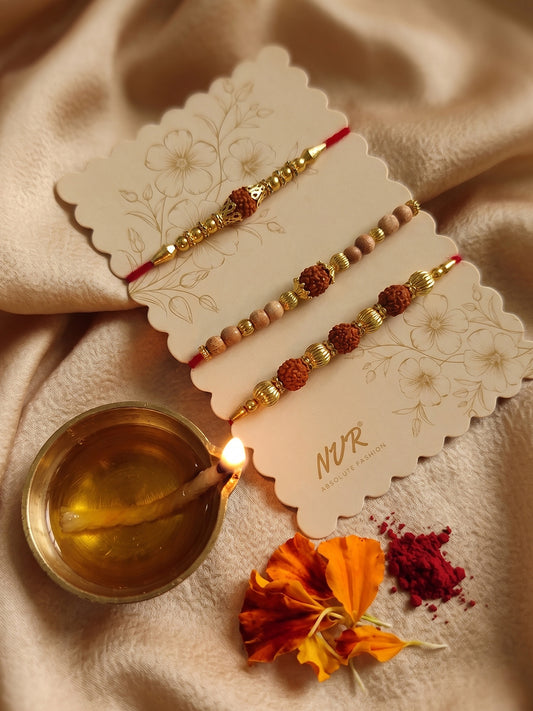 NVR Set of 3 Religious Rudraksh Red Thread Rakhi With Roli Chawal Chandan Mishri