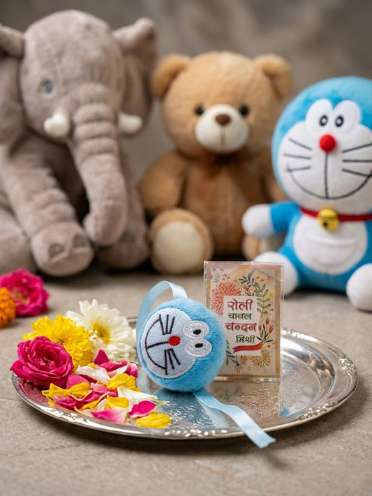 NVR Kids Doremon Design Thread Rakhi With Roli Chawal Chandan Mishri