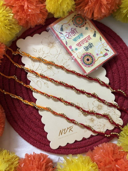 NVR Set of 4 Yellow & Red Thread Rakhi with Roli Chawal Chandan Mishri