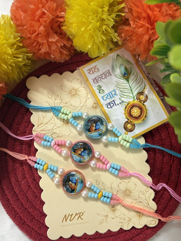 NVR Set of 3 Radha Krishna Thread Rakhi with Roli Chawal Chandan Mishri