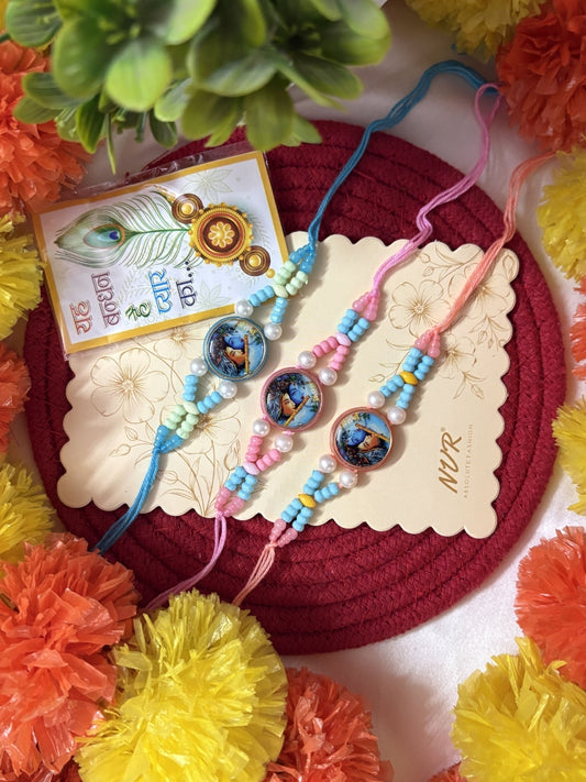 NVR Set of 3 Radha Krishna Thread Rakhi with Roli Chawal Chandan Mishri