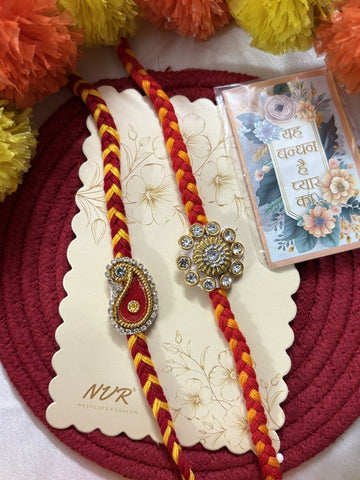 NVR Set of 2 Gold & Red Thread & Kundan Rakhi with Roli Chawal Chandan Mishri