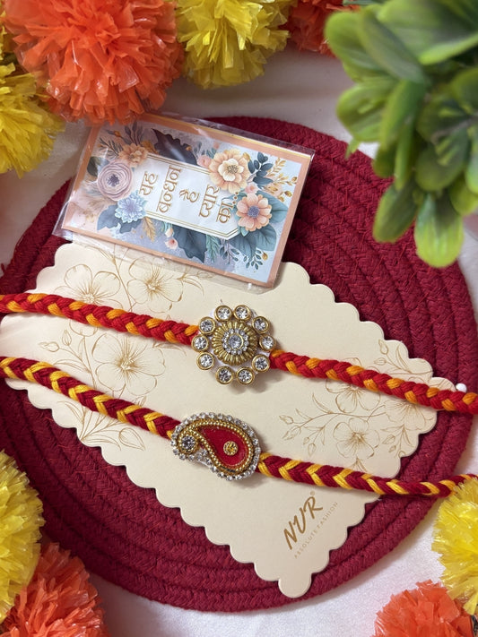 NVR Set of 2 Gold & Red Thread & Kundan Rakhi with Roli Chawal Chandan Mishri