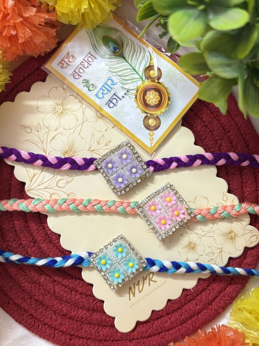NVR Set of 3 Multicolor AD Thread Rakhi with Roli Chawal Chandan Mishri