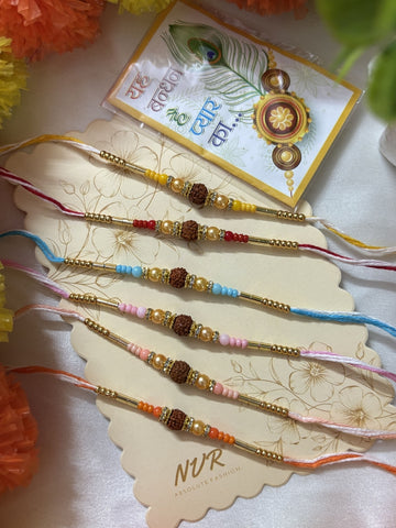 NVR Set of 6 Rudraksh & Artificial Beads Thread Rakhi with Roli Chawal Chandan Mishri