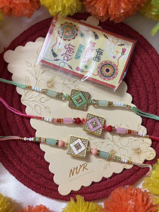 NVR Set of 3 Multicolor AD Thread Rakhi with Roli Chawal Chandan Mishri
