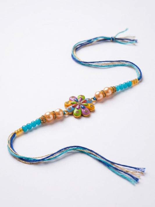 NVR Artificial Beads Flower Shape Multicolor Thread Rakhi with Roli Chawal Chandan Mishri