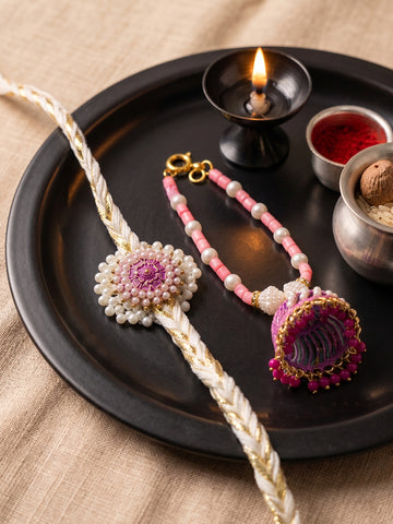 NVR Set of 2 Floral Perals Jhumka Design Bhaiya Bhabhi Rakhi with Roli Chawal Chandan