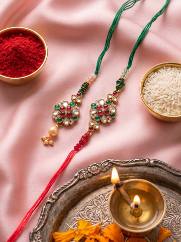NVR Set of 2 Floral Design Kundan Studded Bhaiya Bhabhi Rakhi With Roli Chawal Chandan