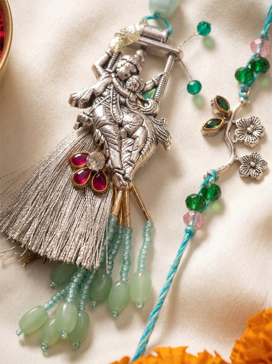 NVR Set of 2 Designer Religious Silver Toned Bhaiya Bhabhi Rakhi with Roli Chawal Chandan