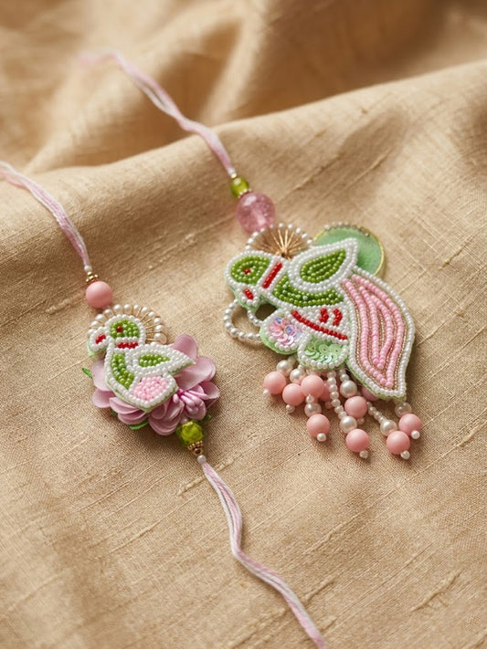 NVR Set of 2 Leaf Design Pearls & Artificial Stones Bhaiya Bhabhi Rakhi with Roli Chawal