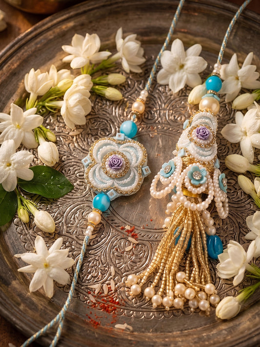 NVR Set of 2 Pearls & Artificial Stones Floral Bhaiya Bhabhi Rakhi with Roli Chawal