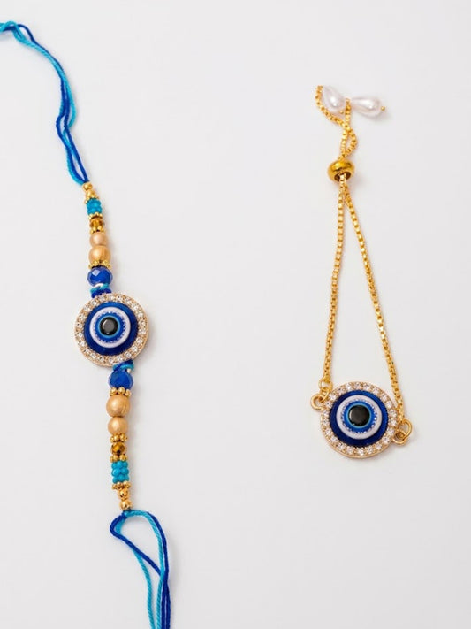 NVR Set of 2 Blue Evil Eye Gold Toned Bhaiya Bhabhi Rakhi with Roli Chawal Chandan Mishri