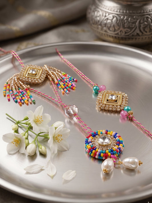 NVR Set of 2 White Artificial Stones Golden Toned Bhaiya Bhabhi Rakhi With Roli Chawal