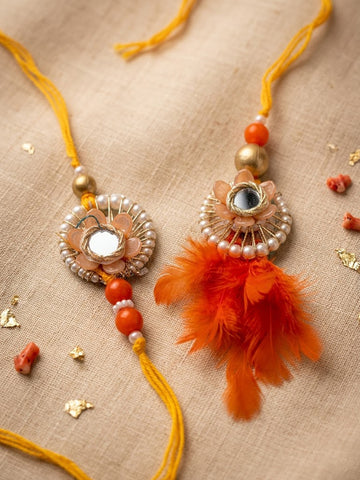 NVR Set of 2 Yellow Artificial Beads & White Pearls Bhaiya Bhabhi Rakhi With Roli Chawal
