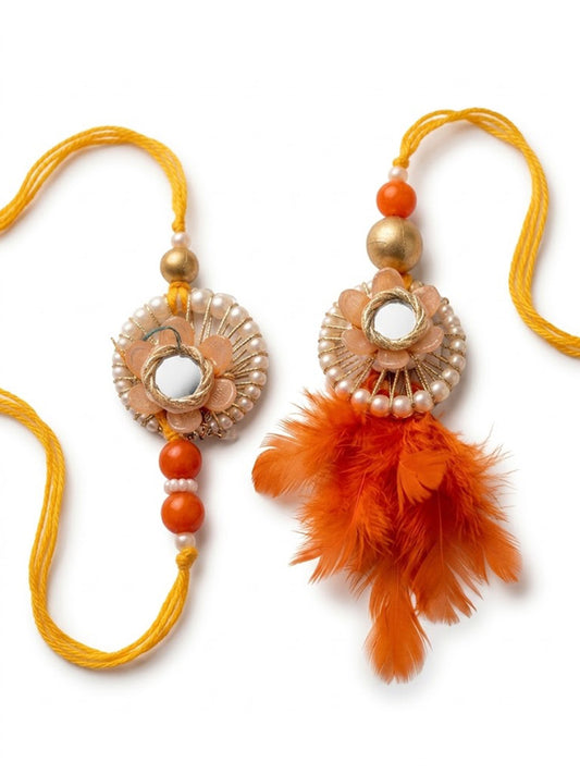 NVR Set of 2 Yellow Artificial Beads & White Pearls Bhaiya Bhabhi Rakhi With Roli Chawal