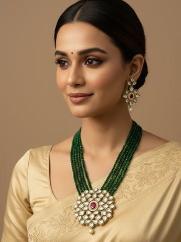 NVR Gold Plated Green Kundan Jewellery Set
