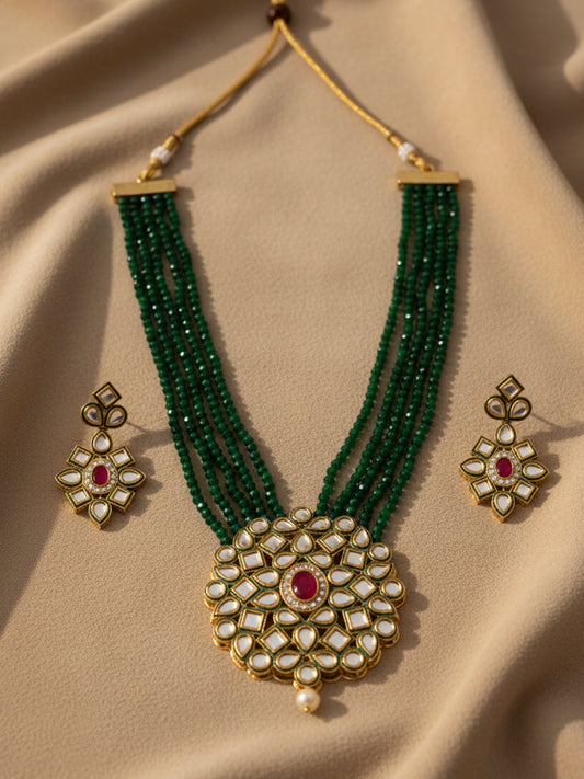 NVR Gold Plated Green Kundan Jewellery Set