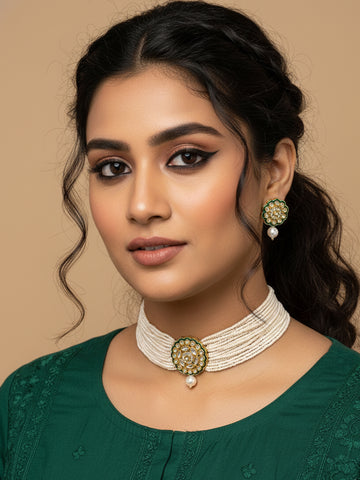 NVR Gold Plated White Kundan Jewellery Set