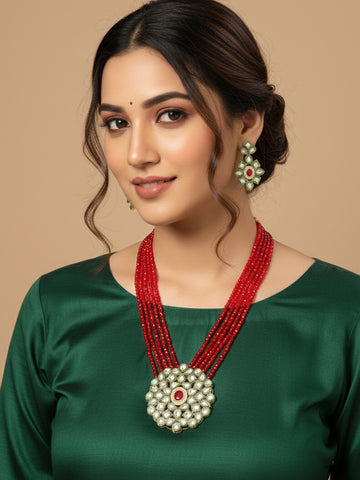 NVR Gold Plated Red Kundan Jewellery Set