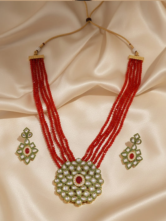NVR Gold Plated Red Kundan Jewellery Set