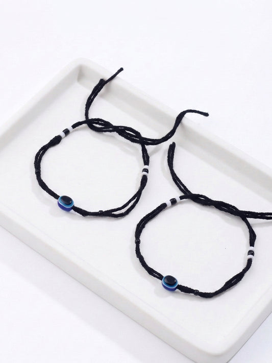 NVR Set of 2 Black Beaded Evil Eye Anklet