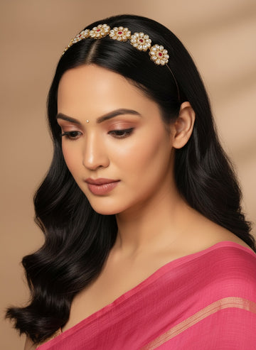 NVR Women's Gold Plated Kundan Studded Hairband