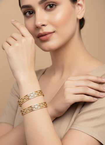 NVR Women's Set of 2 Gold-Plated Cubic Zirconia Stone Studded Bangles