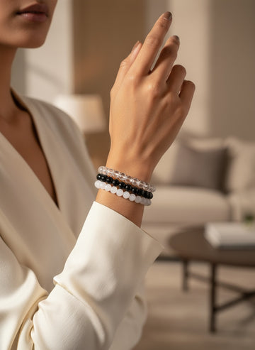 NVR Unisex set of 3 Transparent & White & Black Marbel Crystal Elasticated Bracelet