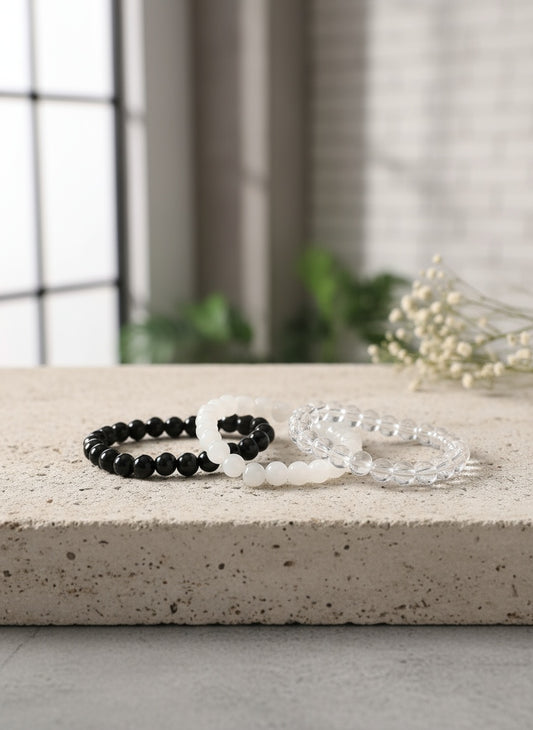 NVR Unisex set of 3 Transparent & White & Black Marbel Crystal Elasticated Bracelet