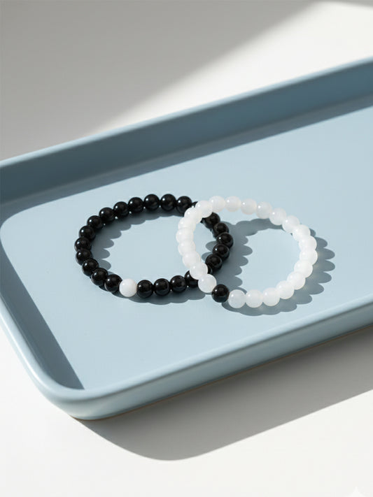 NVR Set of 2 Black & White Crystal Beaded Bracelet