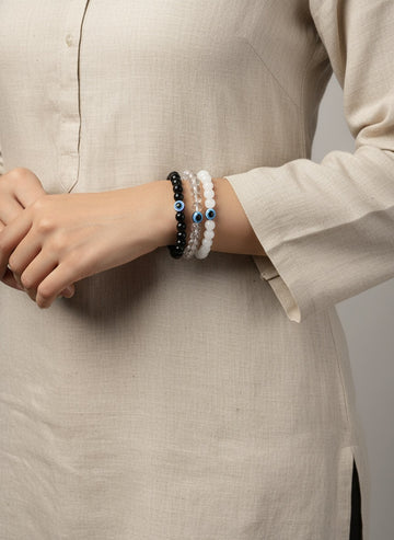 NVR Unisex set of 3 Transparent & White & Black Marbel Crystal Elasticated Bracelet