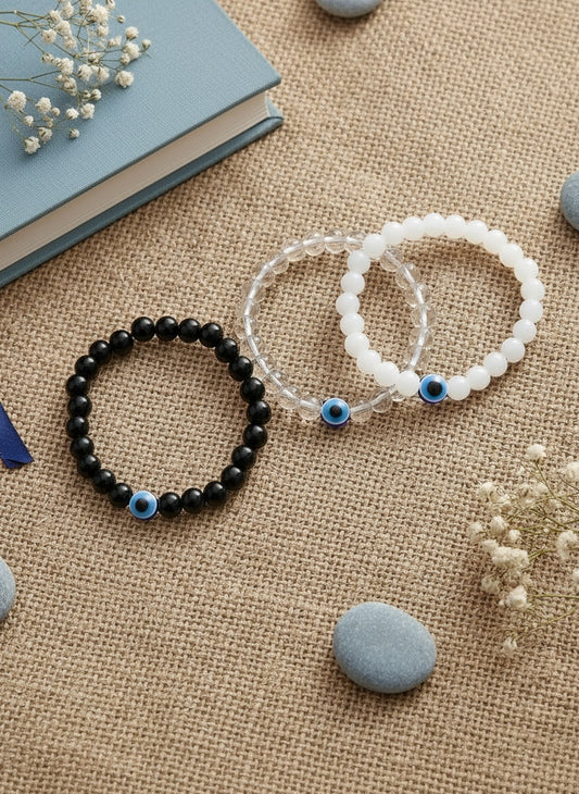 NVR Unisex set of 3 Transparent & White & Black Marbel Crystal Elasticated Bracelet