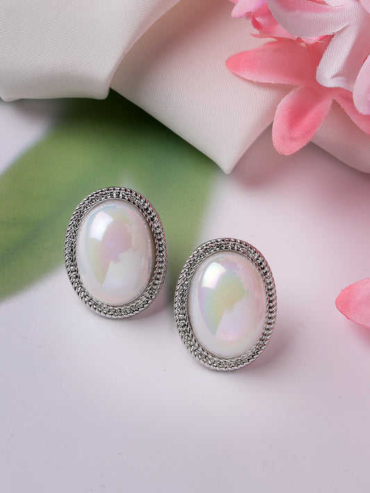 NVR Rhodium-Plated Mother of Pearl Oval Shaped Studs Earrings