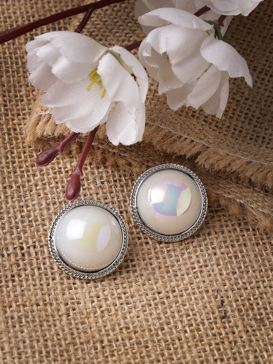 NVR Rhodium-Plated Mother of Pearl Circular Shaped Studs Earrings